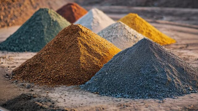 Small piles of various minerals extracted from a rare earth mine, highlighting the diversity and importance of these resources in modern industry