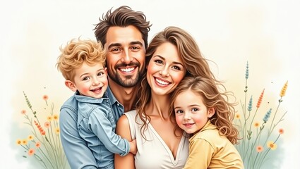 Naklejka premium a portrait of a family with their children, radiating happiness and love. The family is together in a warm embrace, smiling brightly