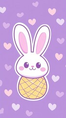 Cute, kawaii pastel bunny face and pineapple with adorable little hearts on a purple background, phone wallpaper