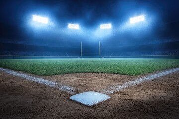 Illuminated Baseball Field Under a Moody Night Sky with Bright Stadium Lights and Textured Grass and Dirt Grounds in a Professional Sports Venue
