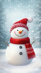 Fototapeta premium A cute snowman, wearing a red scarf, with a happy expression, set against a snowy background, phone wallpaper