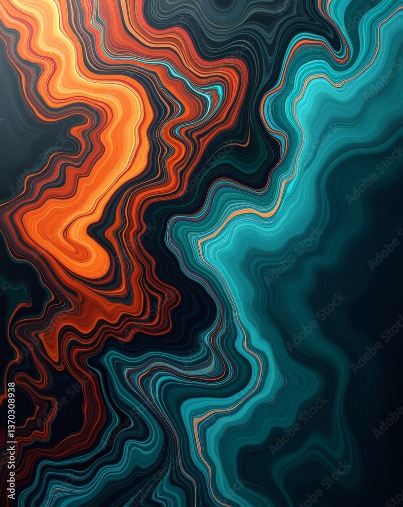 Poster abstract digital artwork with dynamic and fluid textures in orange and blue. The colors blend and swirl, creating an intriguing visual effect