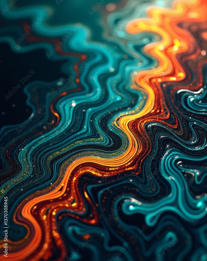 Aufkleber an abstract macro shot of flowing waves in blue and orange hues, creating a mesmerizing visual experience. The image reveals intricate patterns and textures
