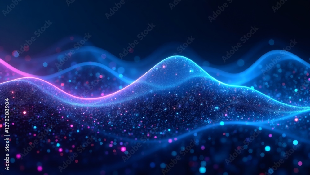 Poster a digital abstract of flowing blue and purple light waves with sparkling dots