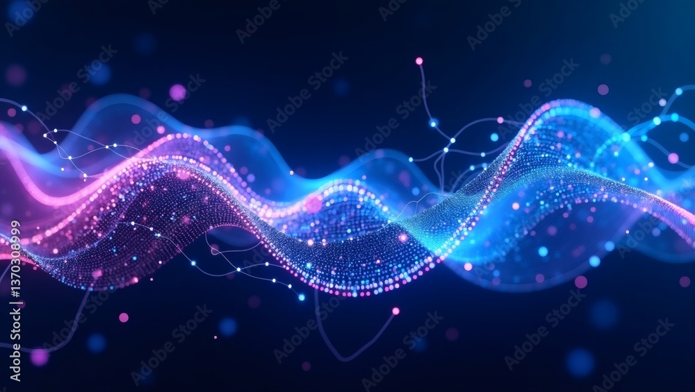 Poster a vibrant digital abstract wave of data, with a mesmerizing flowing form illuminated in blue and pin