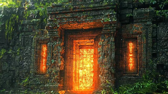 Ancient temple gateway, jungle foliage, glowing entrance, possible mystical portal, background use