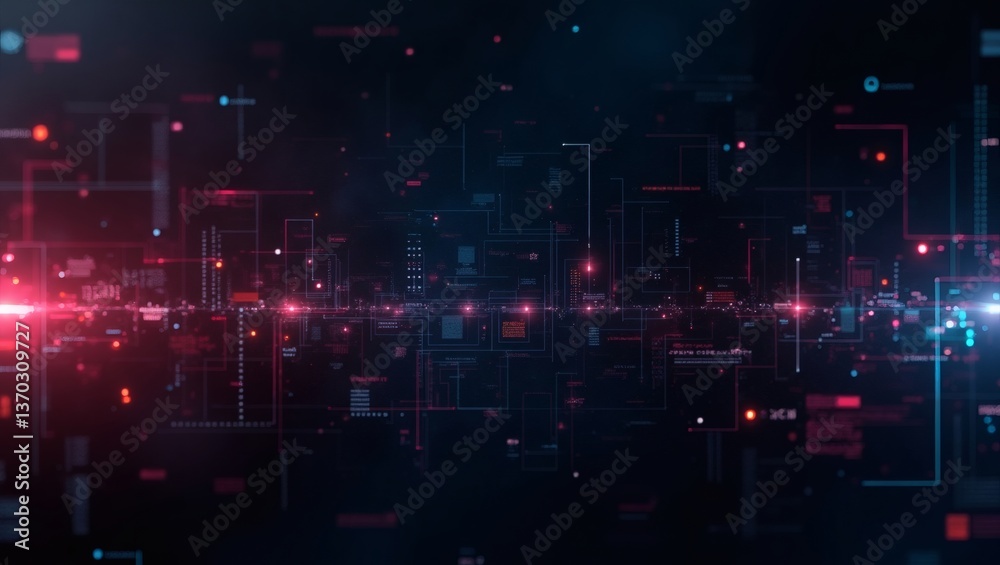 Poster Abstract illustration of a complex digital network, representing data transfer and connectivity in a futuristic tech environment. The image has a dark background with vibrant blue and red accents