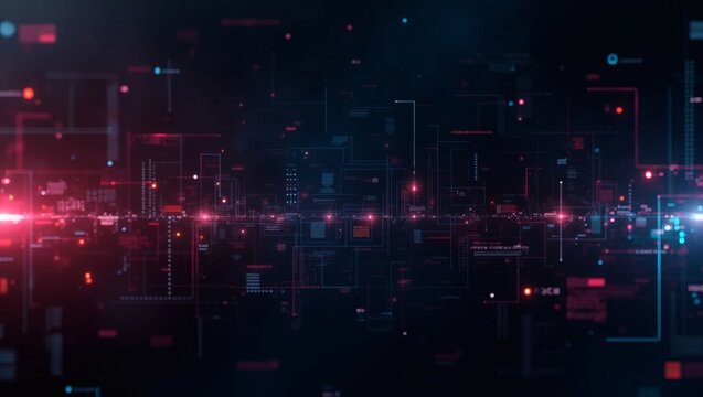 Abstract illustration of a complex digital network, representing data transfer and connectivity in a futuristic tech environment. The image has a dark background with vibrant blue and red accents