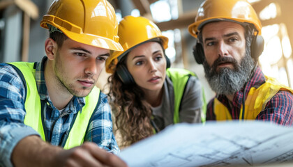 Construction workers focused on project plans gather at a busy building site. They collaborate closely while wearing safety helmets and vests to ensure a successful outcome