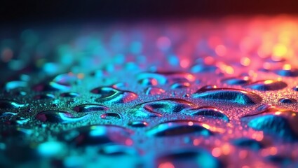 Obraz premium Close-up shot of water droplets reflecting vibrant blue and orange light