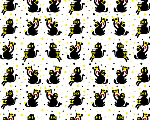 Cat with coffee seamless pattern. Vector.