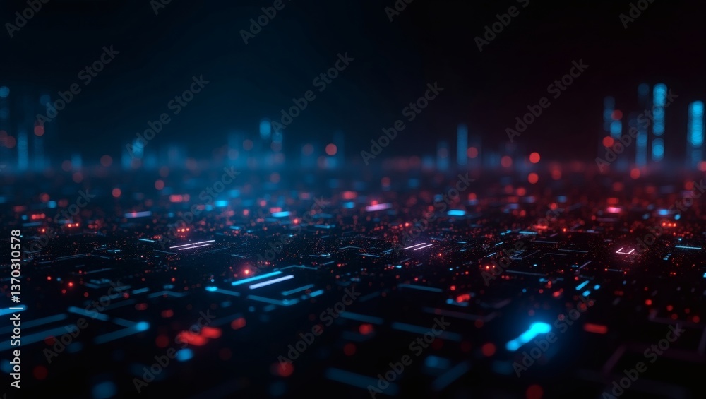 Poster a stunning digital representation of a microchip. Glowing lights and intricate circuits suggest the complexity of modern technology 