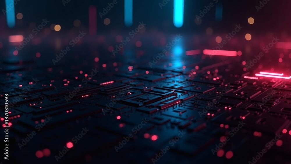 Poster an abstract close-up view of a motherboard, illuminated with neon lights, showcasing a futuristic te