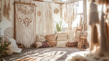 Bohemian-style room with macrame wall hangings and natural light