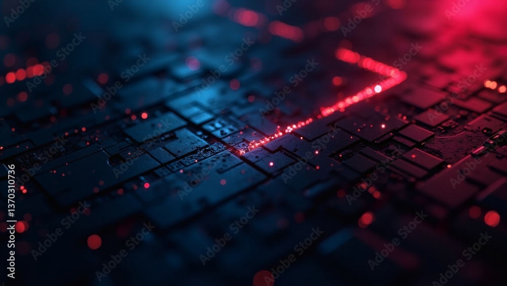 Aufkleber close-up shot of a technological circuit board with red and blue illumination
