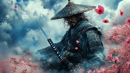 Samurai warrior in cherry blossom background, dramatic pose, artistic style,  possible use in gaming or movie posters - Powered by Adobe