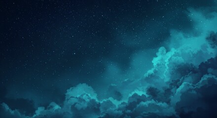 Obraz premium Starry Night Sky with Dreamy Clouds and Blue Cosmic Glow - Fantasy Background for Nature and Space Concepts 幻想的な雲と青い光が広がる星空の夜 - 自然や宇宙をテーマにした夢のような背景