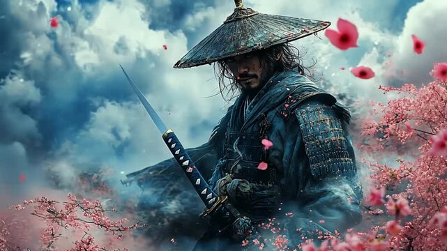 Samurai warrior in cherry blossom background, dramatic pose, artistic style,  possible use in gaming or movie posters