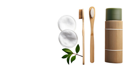 A reusable bamboo toothbrush, natural toothpaste, and eco-friendly cotton pads Isolated On PNG Transparent and White Background 