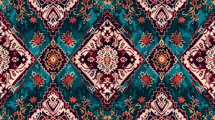 Ethnic ikat seamless pattern Bohemian style Bohemian tapestry in teal and maroon hues with intricate patterns