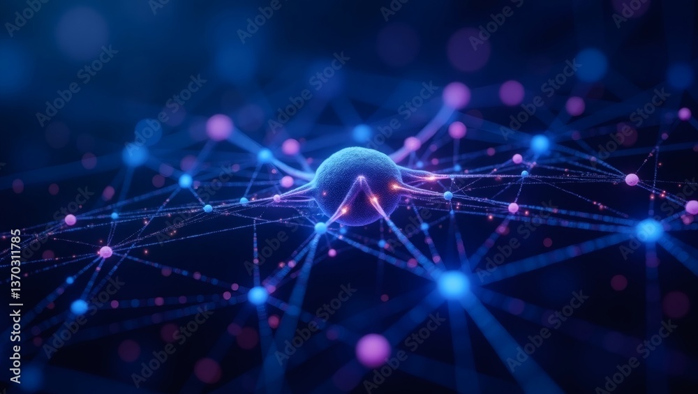 Poster a detailed view of a neuron network, the neural network glows with blue and pink lights and dots creating a mesmerizing digital environment.