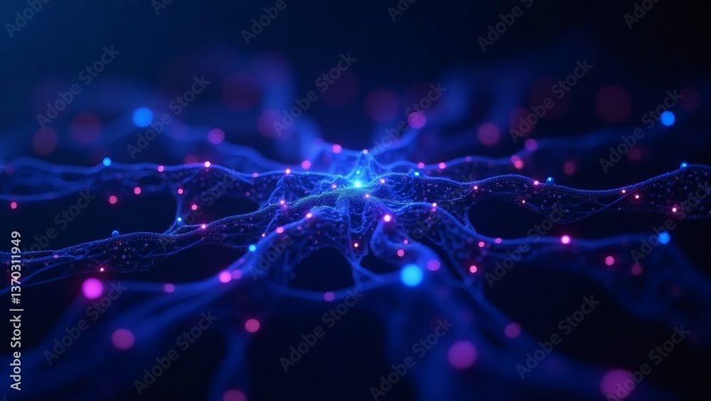 Poster a representation of neural network system with a blue and pink color scheme, highlighting a central node