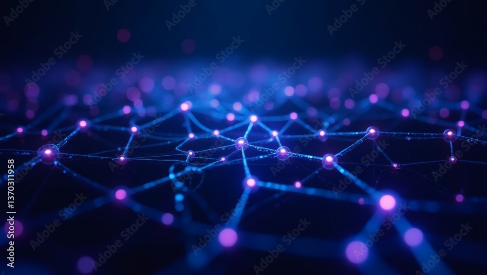 Poster a vibrant, interconnected network with glowing nodes and lines, conveying digital connectivity and complex data transfer