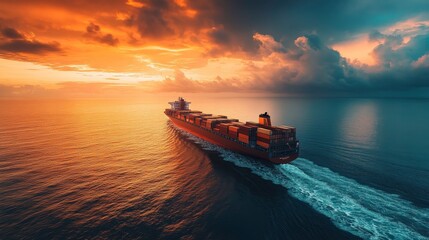 Fototapeta premium A large cargo ship sails through the ocean under a beautiful sunset