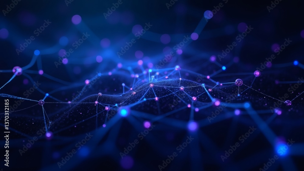 Poster digital abstract, interconnected network. The image shows a network of connected lines and nodes, showcasing complexity and connection