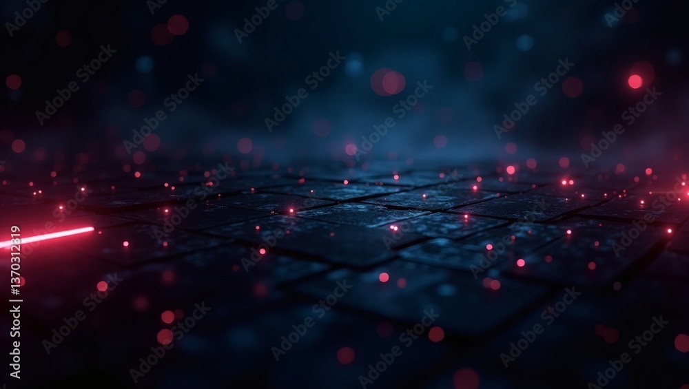Poster abstract scene with red light glowing on stone floor and dark background. The floor is textured, and there are subtle light effects, creating an evocative atmosphere