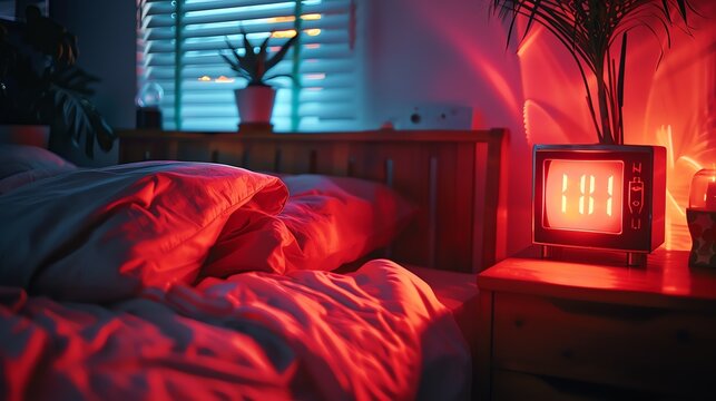 A cozy bedroom with a warm, inviting bed. The red lighting creates a relaxing atmosphere. Perfect for a good night's sleep.