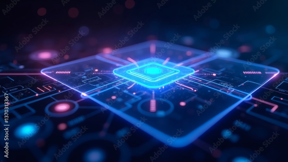 Poster an abstract image of a central processing unit (CPU), showcasing glowing circuits and a modern aesthetic. The image highlights digital technology and the interconnected nature of modern systems.