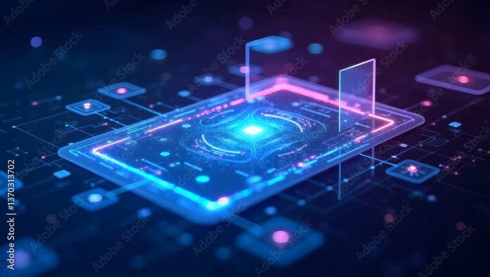 Poster a vibrant computer chip with a glowing blue and purple outline. the image symbolizes technology and 