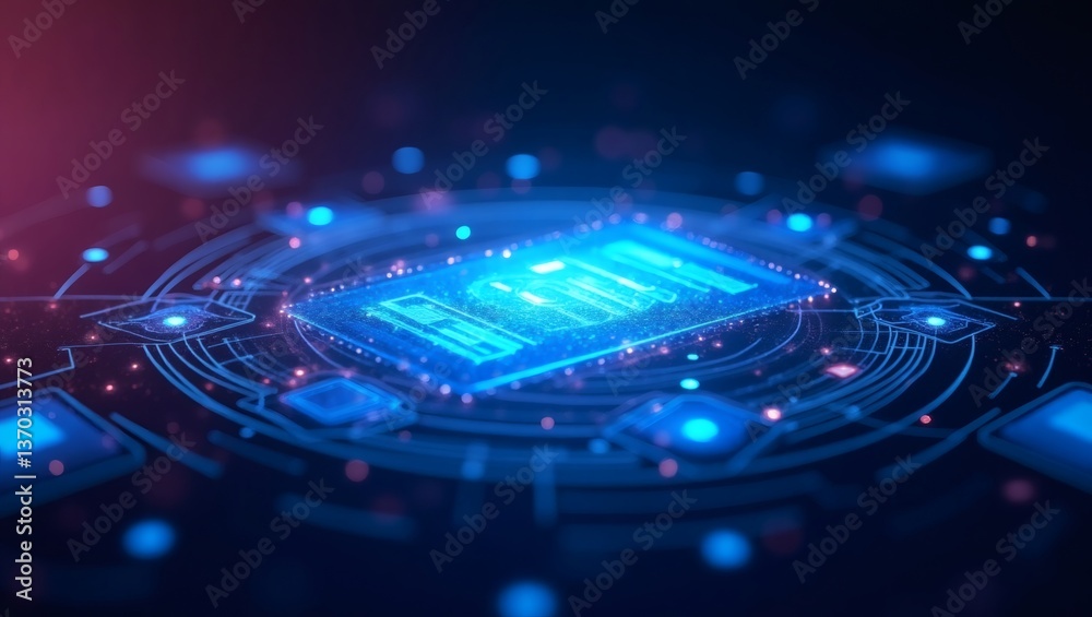Poster a neon blue computer microchip and circuits in a tech setting. The digital illustration symbolizes innovation, technology and computing