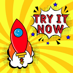 TRY IT NOW. Comic book explosion with text Try it now. Banner for business, marketing and advertising. Social Media banner. Vector illustration in retro pop