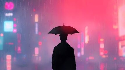 Silhouette of Person with Umbrella in Neon Rain, Rainy night, neon city, lone figure.