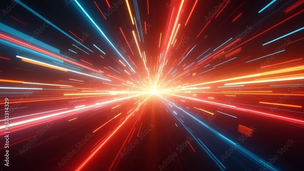 Aufkleber Vibrant light streaks emanating from a central point, creating a dynamic visual effect of high speed and energy. The streaks are primarily in red, blue, and orange hues