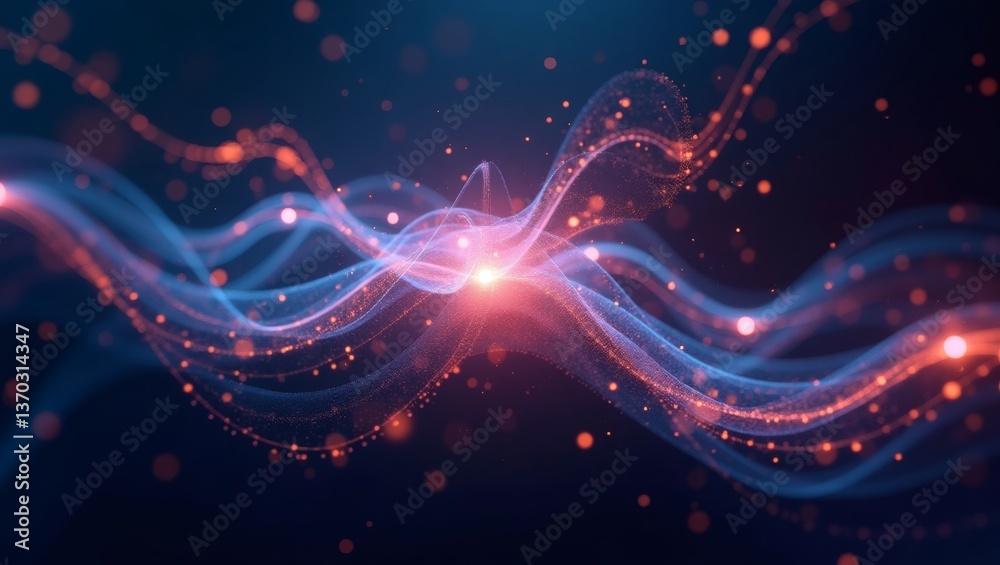Poster abstract wavy light and particle flowing, with blue and orange tones, creating a mesmerizing visual 