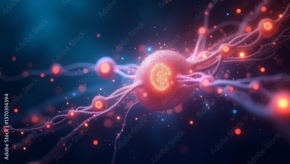 Poster a detailed, vibrant illustration of neuron structure and neural networks with glowing lights