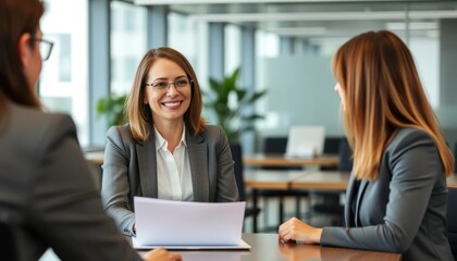  Happy middle aged business woman financial advisor, bank manager consulting client working in corporate office. Smiling professional female hr having job interview meeting with recrui