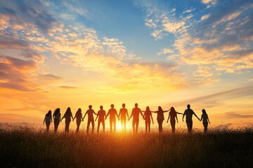 Group of friends holding hands together during sunset on a grassy field