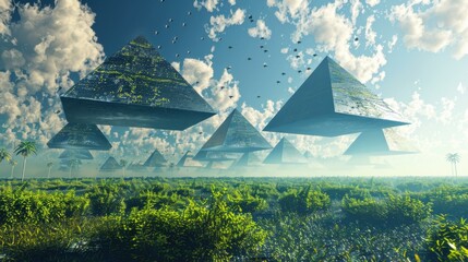 A vibrant alien landscape with floating pyramids, verdant foliage, blue sky, and distant flying objects under bright daylight