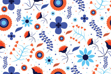 Bright Mexican floral botanical seamless pattern in blue and orange
