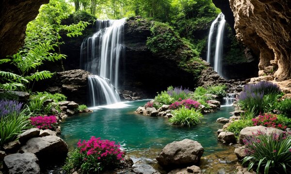 Golden sunrise reflecting on a cascading waterfall in a vibrant spring garden &ndash; Tranquil outdoor retreat with lush foliage and clear waters