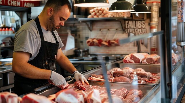 A butcher wearing a black apron and gloves cuts a large piece of meat on a steel tray. - Powered by Adobe