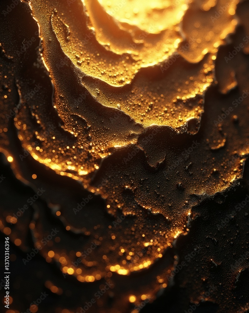 Poster a close-up view of a swirling, golden texture with a dramatic contrast of light and shadow