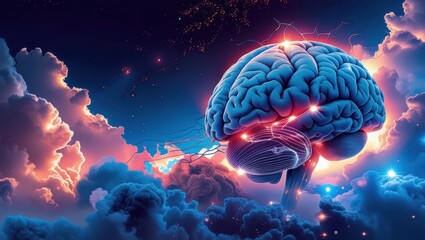 Fototapeta premium Illustration Of A Human Brain Integrated With Cosmic And Cloud Elements, Representing The Fusion Of Artificial Intelligence, Neural Networks, And The Universe.