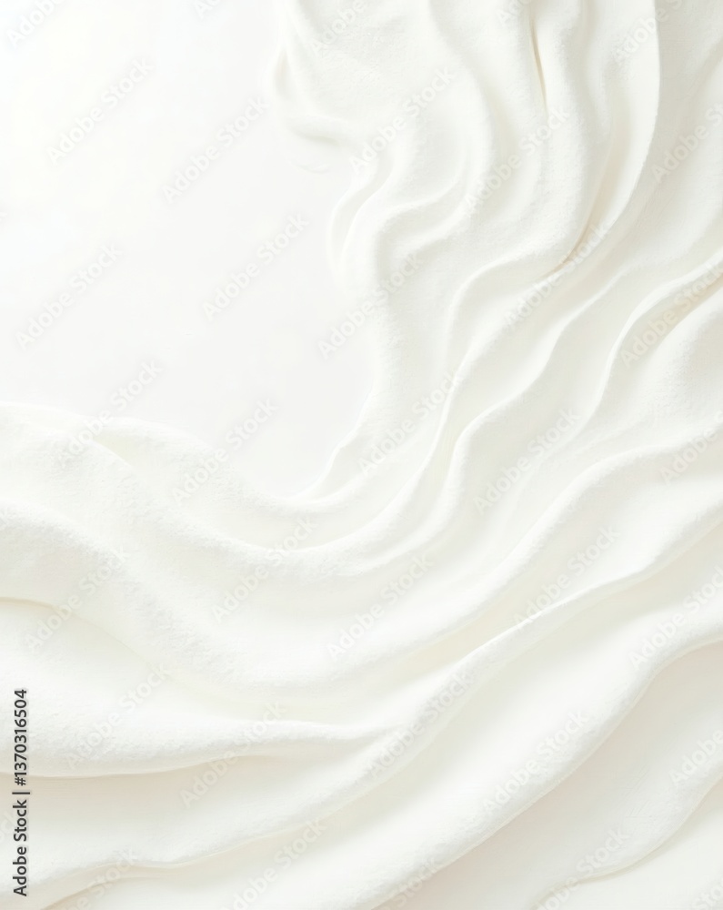 Poster close-up view of flowing white silk fabric with soft and elegant folds. The silk drapes create a sense of luxury and serenity