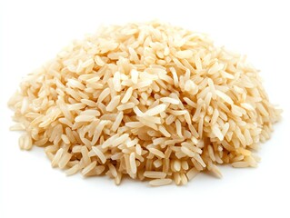 Pile of Uncooked Brown Rice Grains Isolated on White Background