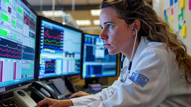 A healthcare professional intently studies patient data displayed across multiple monitors, demonstrating focus and commitment during a hectic hospital shift.
